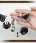 4 Pack Adjustable Furniture Leveling Feet Kit With M8 Screws And M8 Threaded Inserts in hand, showing size and material.