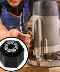 2 Pack Router Collet Kit 1/4 Inch And 1/2 Inch Replacement Set For Dewalt 1613 1617 1618 Series Routers shown with operator and router