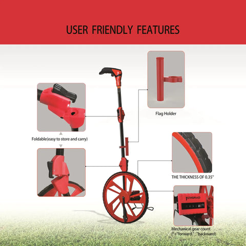 Smooth Rolling Distance Measuring Wheel In Feet With Ten Marking Flags And Handy Clip, 12.5 Inch Diameter, Pop Up Shaft, Instant Zero Out, Rugged Canvas Bag, Solid Gear For Yard Work Or Construction Jobs