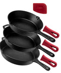 Cast Iron Skillet Set 8 Inch 10 Inch 12 Inch Pre Seasoned Frying Pans with Silicone Handle Grip Covers, stack view