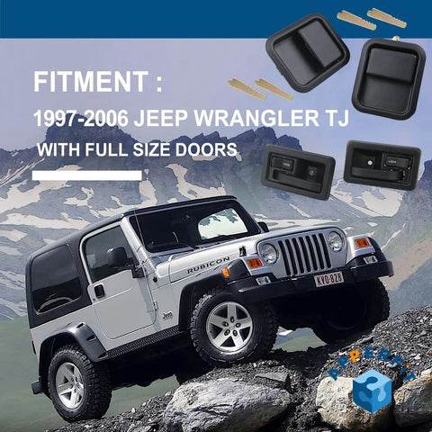 Jeep Wrangler TJ full-size doors with 4-piece door handle kit, 1997-2006 fitment, shown with mountains in the background