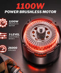 Workhorse Brushless Cordless Die Grinder Compatible With Milwaukee 18V Batteries motor with 1100W power and 26000 RPM max speed.