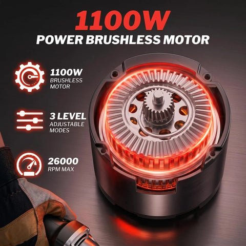 Workhorse Brushless Cordless Die Grinder Compatible With Milwaukee 18V Batteries motor with 1100W power and 26000 RPM max speed.
