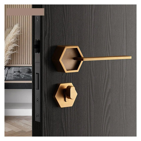 Top Shelf Interior Silent Door Lock Crafted From Premium Zinc Alloy Handle on black door with hexagonal design for smooth closure.