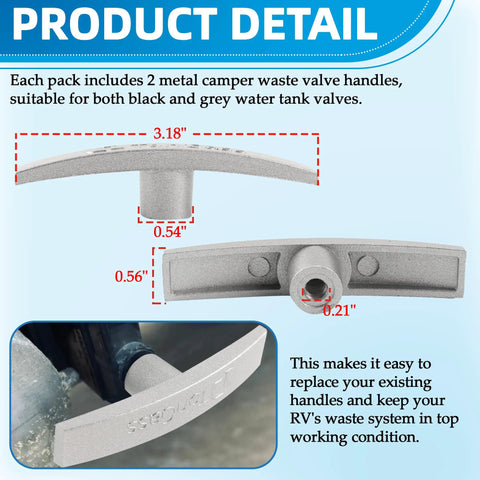 2-Pack Metal RV Waste Valve Handles T1003-6MN Replacement for Most Brands, Fits One And One Half Inch Grey Water Valve And Three Inch Black Water Valve, Compatible With Camco Valterra Dump Valves, T-Handle Upgrade for RV Campers: silver metal handle dimensions and installed view