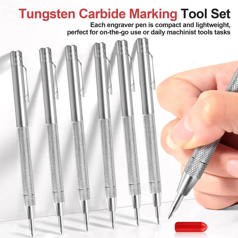 Kick Your DIY Projects Up A Notch With This Heavy Duty Tungsten Carbide Scriber Set Featuring Six Engraving Pens Extra Tips And Steel Ruler For Dead Accurate Marking On Glass Metal Wood Leather, showing six lightweight carbide pens.