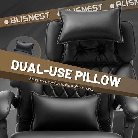 Massage Office Chair With Foot Rest And 3D Kneading Heat, Boss Level Comfort Ergonomic Desk Chair For Heavy People, Black dual-use pillow