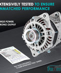 130A 12V Replacement Car Alternator For Nissan Altima 2007-2010 Murano 2009-2014 Maxima 2009-2010 Quest 2011-2017 V6 3.5L displayed with test sheet