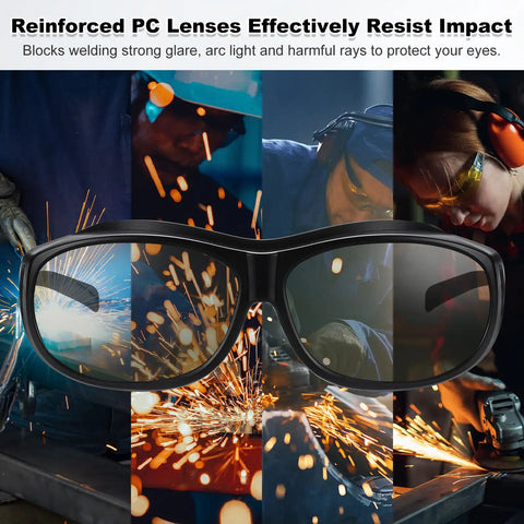Professional Grade Straight Up Heavy Duty Welding Safety Glasses With Shade 3 Impact Resistant Polycarbonate Lenses Built Tough For Seamless Metalwork And All Day Shop Floor Grind, showing impact-resistant lenses amidst welding sparks.