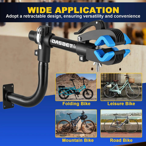 Bent Wall Mount Bike Repair Stand With Adjustable Clamp for Road and Mountain Bikes installed on wall showing various bike types