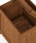 Open hardwood storage box with slatted vent design for drainage, raised base, weather-resistant porch chest, natural finish.