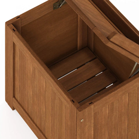 Open hardwood storage box with slatted vent design for drainage, raised base, weather-resistant porch chest, natural finish.