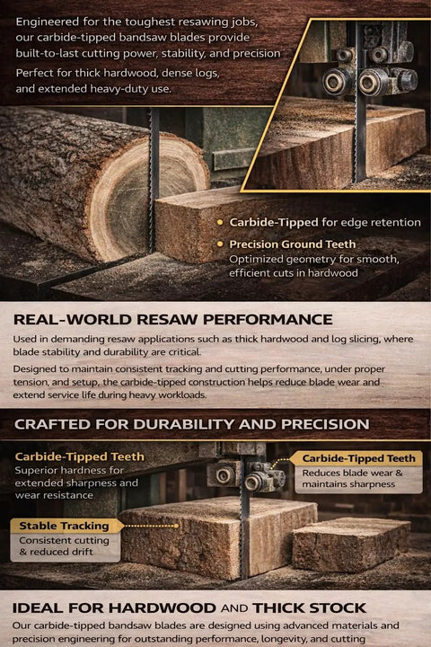 Illustration of 131 And A Half Inch Carbide Tipped Resaw Bandsaw Blade Three Quarter Inch Wide Two TPI with Hook Tooth Geometry for Hardwood Resawing in action