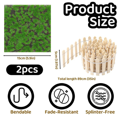 Miniature Garden Fence And Grass Set with 35-inch wooden picket gate, 6x6 inch realistic fake grass mat shown with product specifications.