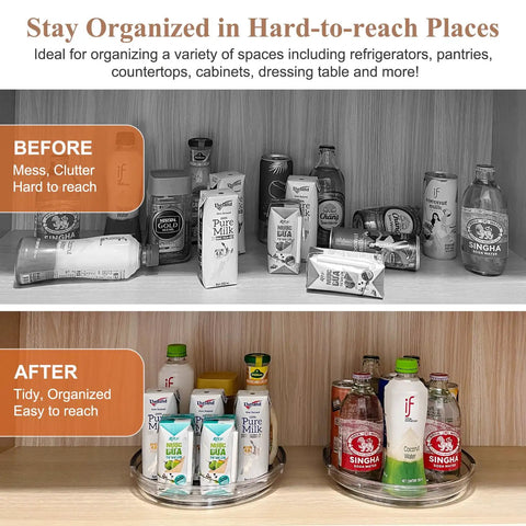 Comparison of cluttered and organized shelves using Four Pack Clear Acrylic Lazy Susan Turntable for easy access.