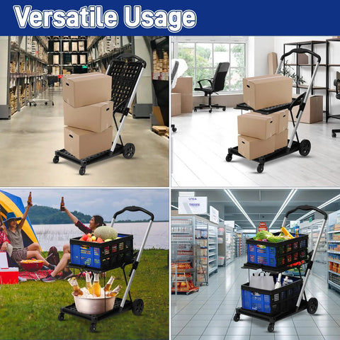 Heavy Duty Collapsible Shopping Cart On Wheels With Dual Bins Two Tier Folding Grocery Cart for versatile usage scenes