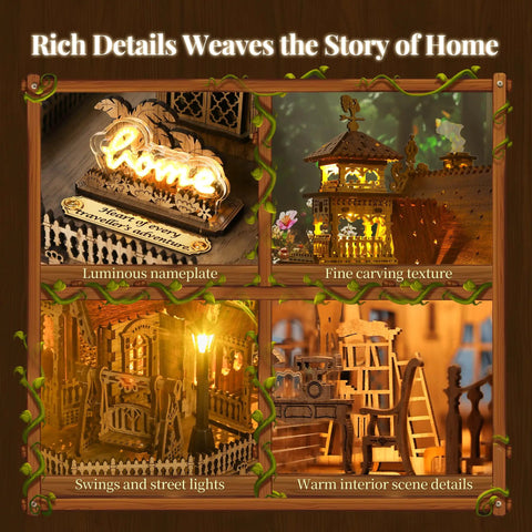 Luminous details of 3D Wood Puzzle Countryside Cottage Kit With Spark LED Lights DIY Miniature House Model For Adults.