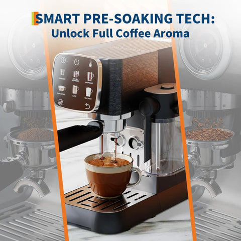 Top Shelf 20 Bar Espresso Machine With Bright Touch Panel For Six One Touch Drinks And Smooth Milk Frother Compact Brewer Solid Pick For Your Home Desk Setup, espresso brewing in action.