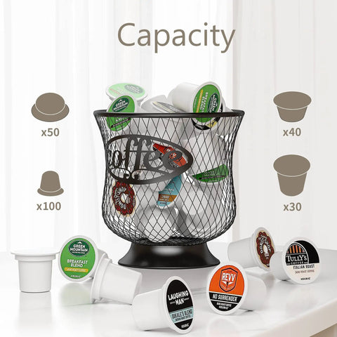 Barista Approved Large Capacity Coffee Pod Holder for K Cups and Nespresso Vertuo Pods filled with variety of coffee pods