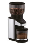 Hella Precise Automatic Coffee Grinder With Built In Scale And Thirty Nine Custom Settings For Bang Perfect Home Brews Solid Daily Ritual With Fourteen Oz Bean Hopper Sleek Black Design, showing 14oz bean hopper and ground coffee container.