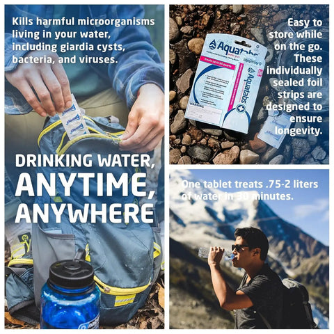 Collage showcasing 49mg Water Purification Tablets 30 Pack for camping, with tablet use, storage details, and a man drinking purified water.