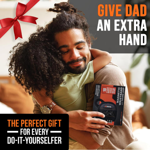 Kickass Magnetic Wristband With Thumb Loop Keeps Screws Nails And Drill Bits Locked Tight While You Tackle Projects Crafted From Reinforced Ballistic Nylon Perfect Gift For Men Dad Handyman, displayed with a father and child.