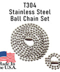 Stainless Steel Military Dog Tag Chain Set With Two Ball Chains 27 Inch And Four Point Five Inch MilSpec Size Three Two Point Four Millimeter Made In USA Rust Resistant T304 Chains Similar To Those Issued To The US Military, two coiled ball chains with US flag graphic