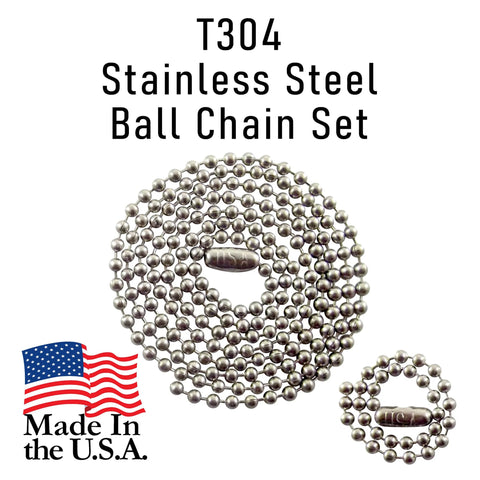 Stainless Steel Military Dog Tag Chain Set With Two Ball Chains 27 Inch And Four Point Five Inch MilSpec Size Three Two Point Four Millimeter Made In USA Rust Resistant T304 Chains Similar To Those Issued To The US Military, two coiled ball chains with US flag graphic