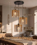 milaruoro Farmhouse Pendant Light Fixture, 3 Light Black Wood Pendant Lighting, 17.7" Wooden Chandelier dimensions in a modern kitchen setting.