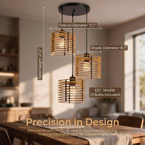 milaruoro Farmhouse Pendant Light Fixture, 3 Light Black Wood Pendant Lighting, 17.7" Wooden Chandelier dimensions in a modern kitchen setting.