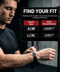 Man adjusting adjustable wrist brace with dual elastic straps for maximum support, guard size chart for fit