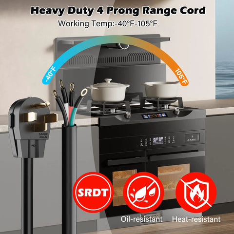Heavy Grade Six Foot 40 Amp Extension Cord Nema 14 50P Etl Listed Waterproof Srdt Power Wire Rock Solid Works Great For Generators Ev Chargers Stoves Camping, 4 prong range cord with temperature range and cooking setup.