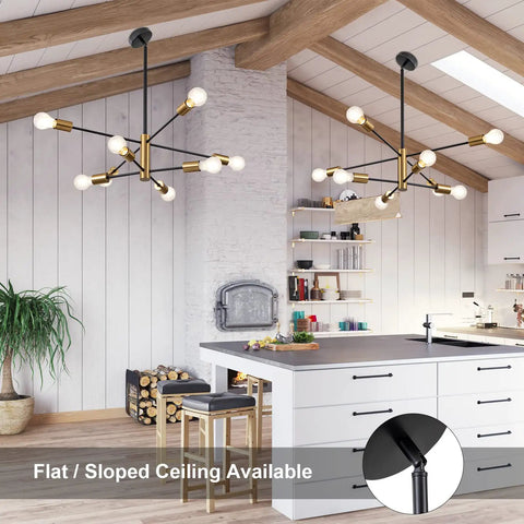 Eight Light Sputnik Chandelier In Black And Gold, Modern Industrial Vintage Ceiling Fixture With Adjustable Height, Perfect For Kitchen Island, Living Room, Bedroom, Hallway Or Foyer, Mid Century Inspired Loft Lighting