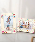 6 Unfinished Wood Picture Frames DIY Kit With 4 By 6 Inch Photos displayed with family images, decorated with stickers.