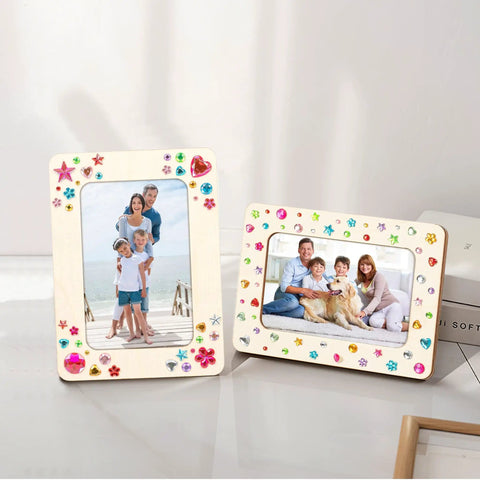 6 Unfinished Wood Picture Frames DIY Kit With 4 By 6 Inch Photos displayed with family images, decorated with stickers.