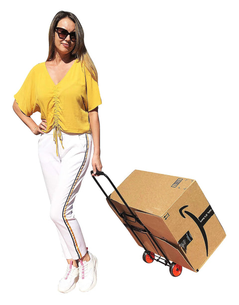 Person using Foldable Lightweight Two Wheel Shopping Cart Dolly With Easy Open Design to transport a large box securely