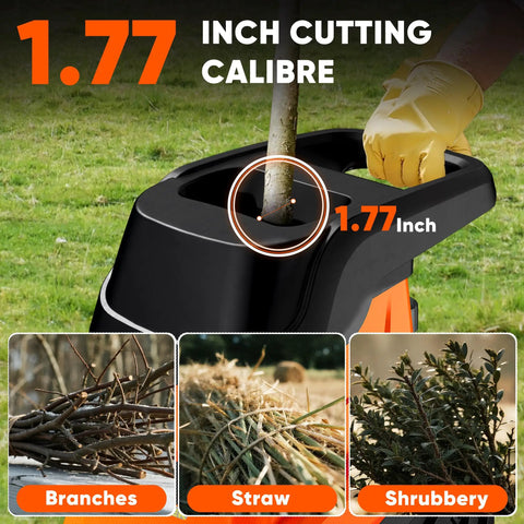 Beast Mode Wood Chipper Shredder For Yard Cleanup With 1800W Motor And 1.77 Inch Cut showing handle and cutting caliber