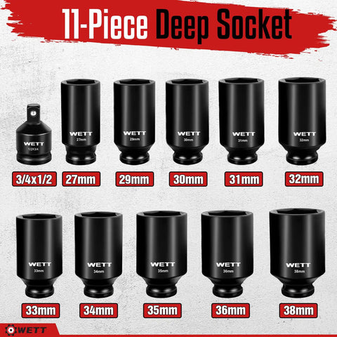 Image of Half Inch Drive Deep Impact Socket Set Eleven Piece Jumbo Metric Six Point Sockets For Axle Nut And Wheel Twenty Seven Millimeters To Thirty Eight Millimeters With Three Quarter To One Half Adapter CR-V Black Oxide Finish Built Tough Pro Grade