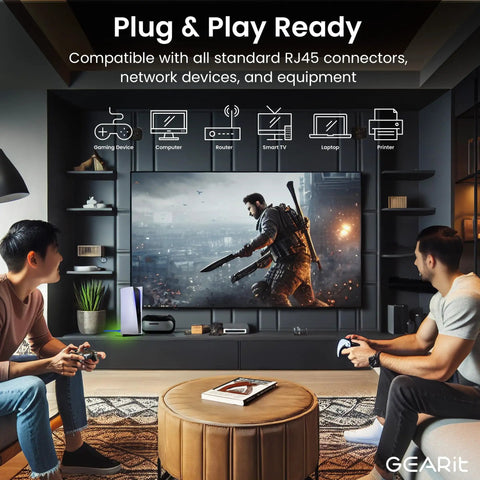 Room with TV and gamers, labeled 'Plug & Play Ready,' featuring devices like gaming console and laptop compatible with Cat6 CCA Ethernet Cable 100 Feet Blue For Home Office Network UTP LAN Internet Cord Supports Cat6 Cat5e Cat5 Standards Delivers Fast Gigabit And 10 Gig Networks Built For Gaming And Streaming.