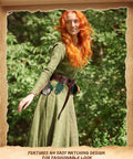 Woman wearing Rad Renaissance Belt Kit with medieval waist strap, leather pouch, and holster in a green costume.