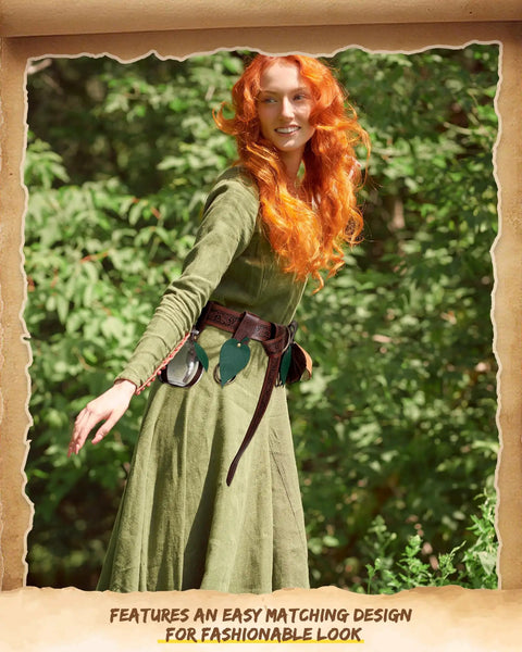 Woman wearing Rad Renaissance Belt Kit with medieval waist strap, leather pouch, and holster in a green costume.