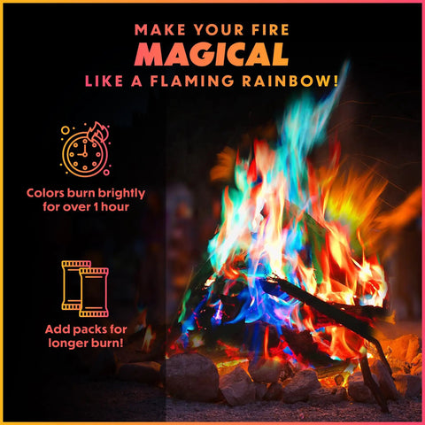 Vibrant Multi Color Fire Packets 25 Pack for fire pits campfires bonfires and fireplaces creating instant colorful flames.