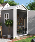 Spacious 6x4 Outdoor Storage Shed With Floor For Bikes Tools And Gear, resin plastic, gray and white, open door view