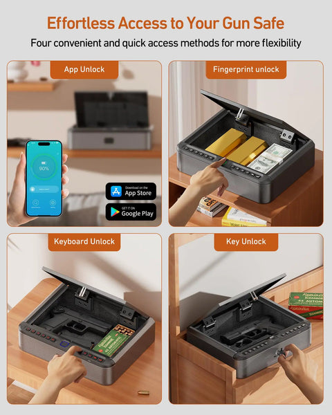 Biometric Gun Safe For Handgun With Four Quick Access Options Fingerprint Scan Full Digital Keypad Backup Key And Phone App