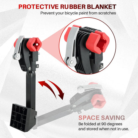Close-up of Wall Mount Bike Repair Stand With Foldable Heavy Duty Maintenance Rack And Adjustable Clamp, showing red protective rubber clamp.