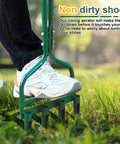 Person using 42 Inch Manual Lawn Aerator Tool with Core Plug Tines for Lawn and Soil Aeration, heavy-duty, green finish on grass