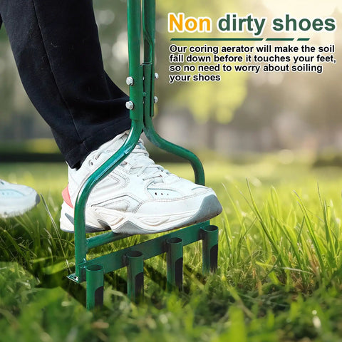 Person using 42 Inch Manual Lawn Aerator Tool with Core Plug Tines for Lawn and Soil Aeration, heavy-duty, green finish on grass