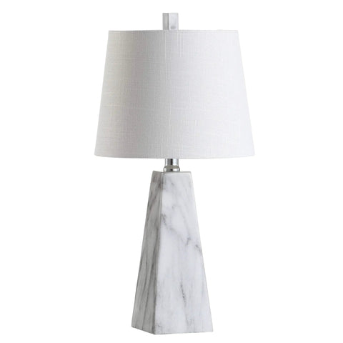 White Marble Look Resin Table Lamp With Faceted Contemporary Design, Cool Bedside Lamp For Bedroom Or Living Room, White Linen Shade