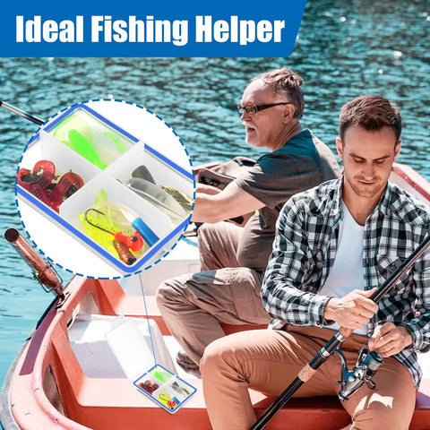 Two men fishing in a boat using 4 Pack Mini Waterproof Tackle Box Organizer For Fly Fishing with dividers for hooks and lures