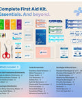KeepGoing Travel First Aid Kit, TSA-approved travel kit with bandages, scissors, tweezers, First Aid Guide (front view).